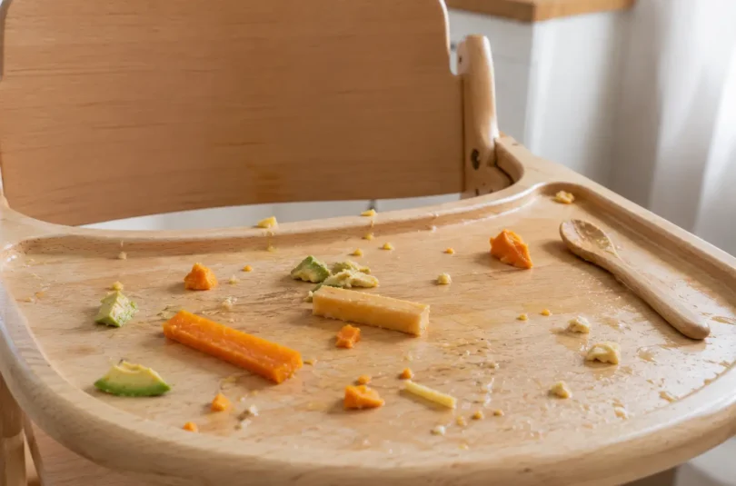 chaise-haute-morceaux-dme-bebe Morceaux de nourriture pour bébé en DME éparpillés sur une tablette de chaise haute après un repas exploratoire