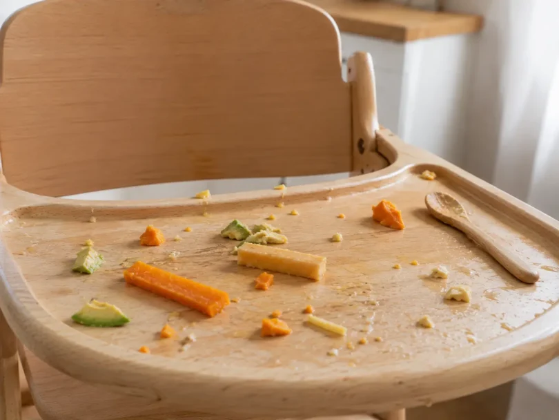 Morceaux de nourriture pour bébé en DME éparpillés sur une tablette de chaise haute après un repas exploratoire