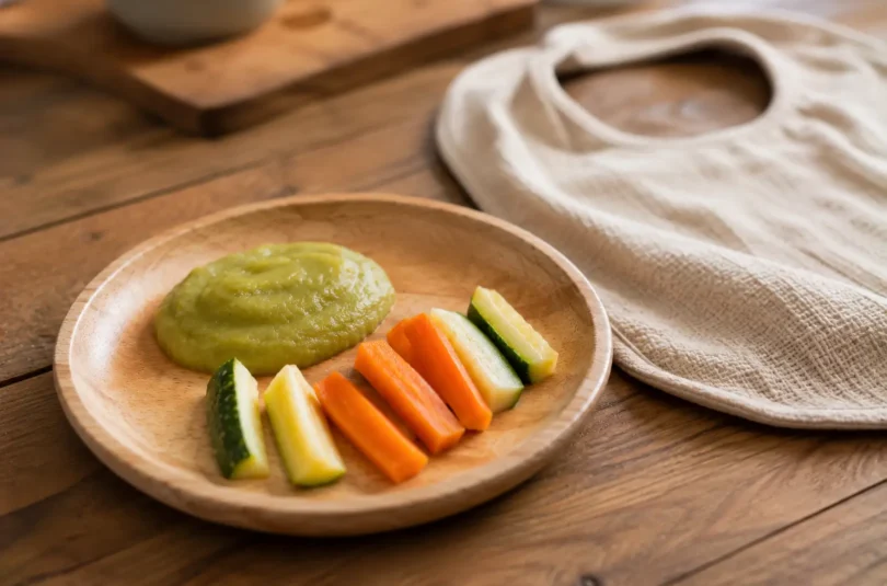 diversification-alimentaire-4-6-mois-debut Première cuillère de purée de légumes et petits morceaux de légumes pour bébé, symbolisant le démarrage de la diversification alimentaire