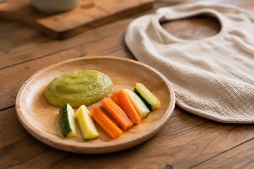 Première cuillère de purée de légumes et petits morceaux de légumes pour bébé, symbolisant le démarrage de la diversification alimentaire