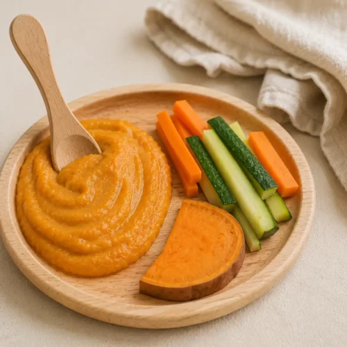 Assiette de bébé avec d'un côté une purée lisse à la cuillère et de l'autre des morceaux de légumes en DME, comparaison côte à côte