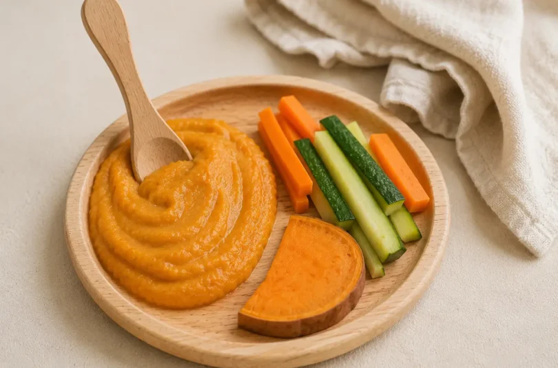 dme-vs-puree-comparatif-bebe Assiette de bébé avec d'un côté une purée lisse à la cuillère et de l'autre des morceaux de légumes en DME, comparaison côte à côte