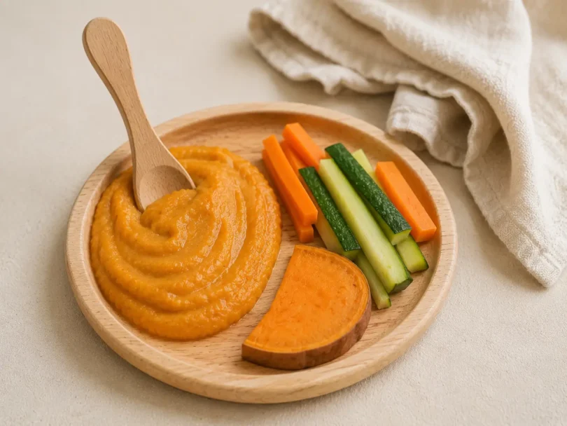 dme-vs-puree-comparatif-bebe Assiette de bébé avec d'un côté une purée lisse à la cuillère et de l'autre des morceaux de légumes en DME, comparaison côte à côte