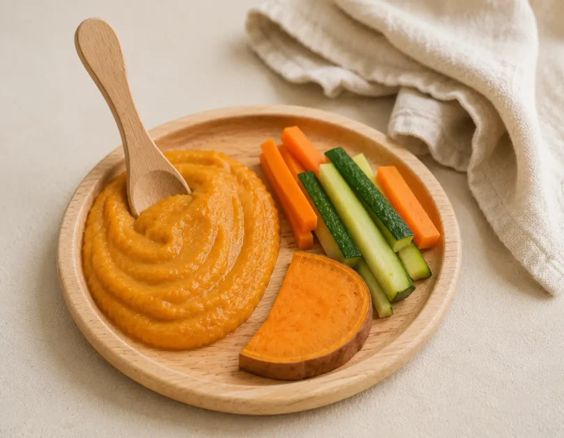 Assiette de bébé avec d'un côté une purée lisse à la cuillère et de l'autre des morceaux de légumes en DME, comparaison côte à côte