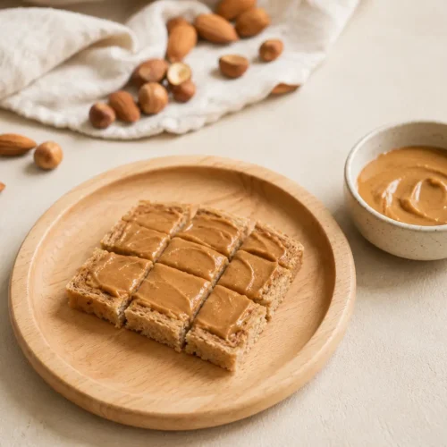 Beurre d'amande et purée de fruits à coque étalés sur une tartine pour bébé, avec des amandes entières en arrière-plan hors de portée
