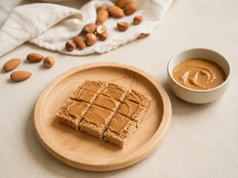 Beurre d'amande et purée de fruits à coque étalés sur une tartine pour bébé, avec des amandes entières en arrière-plan hors de portée