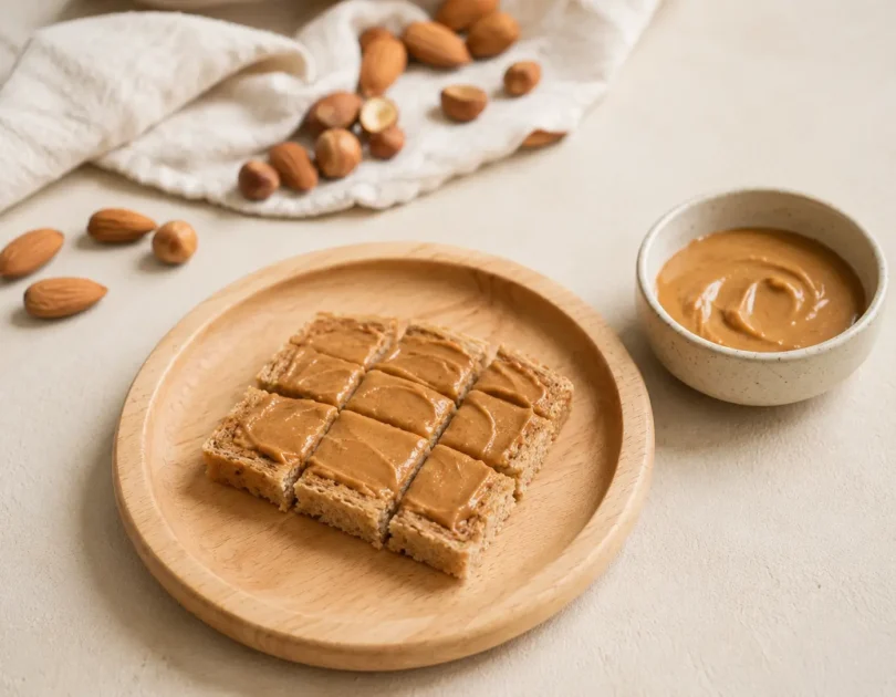Beurre d'amande et purée de fruits à coque étalés sur une tartine pour bébé, avec des amandes entières en arrière-plan hors de portée