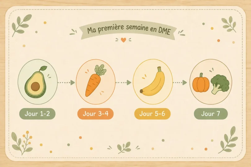 ma-premiere-semaine-dme-planning-illustration Illustration du planning de la première semaine en DME : avocat jour 1-2, carotte jour 3-4, banane jour 5-6, combinaison jour 7