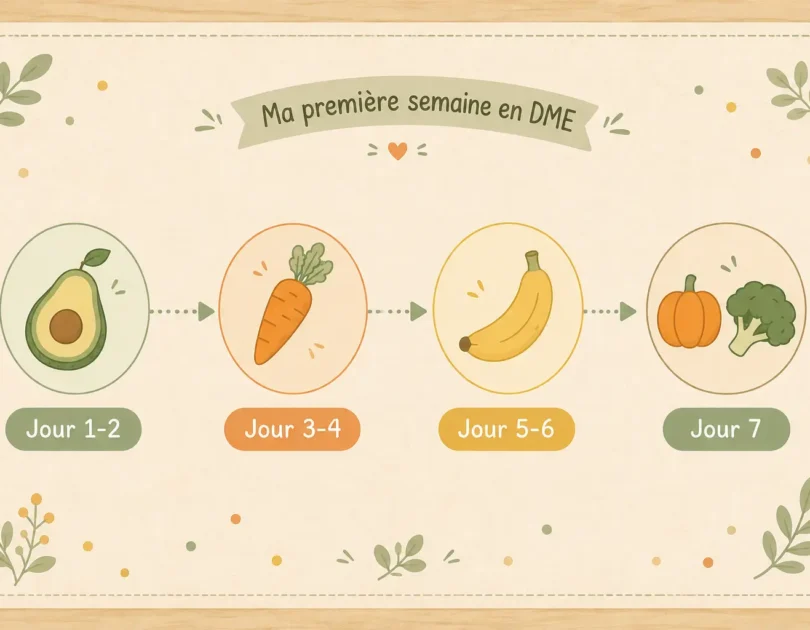 Illustration du planning de la première semaine en DME : avocat jour 1-2, carotte jour 3-4, banane jour 5-6, combinaison jour 7