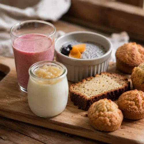 Alt text : Assortiment de muffins, tranches de banana bread et biscuits pour bébé, desserts sans sucre ajouté