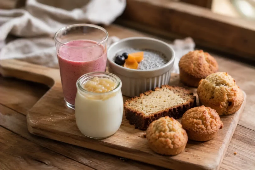 Alt text : Assortiment de muffins, tranches de banana bread et biscuits pour bébé, desserts sans sucre ajouté