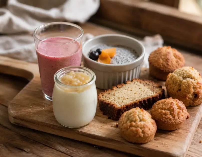 Alt text : Assortiment de muffins, tranches de banana bread et biscuits pour bébé, desserts sans sucre ajouté