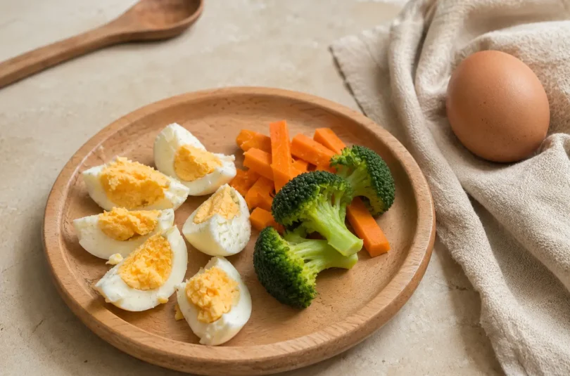 Quartiers d'œuf dur pour bébé en DME, servis sur une assiette en bois avec des légumes