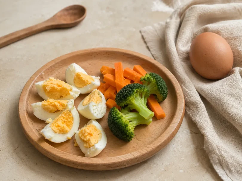 Quartiers d'œuf dur pour bébé en DME, servis sur une assiette en bois avec des légumes