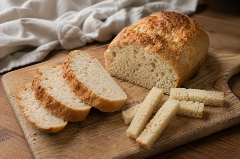 Pain maison sans sel tranché, servi en bâtonnets de mie pour bébé sur une planche en bois