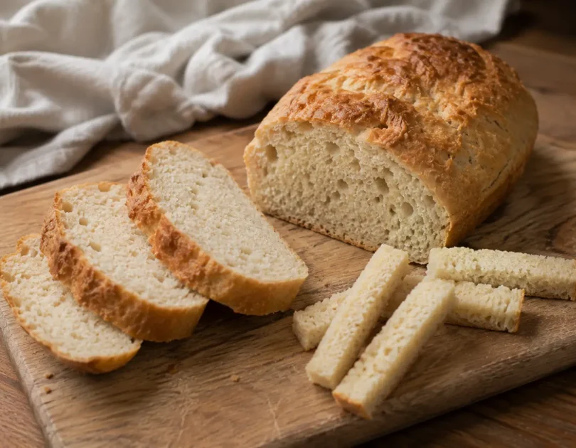 Pain maison sans sel tranché, servi en bâtonnets de mie pour bébé sur une planche en bois