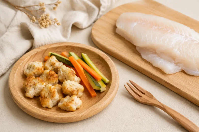 Boulettes de poisson émiettées pour bébé en DME, servies avec des bâtonnets de légumes sur une assiette en bois
