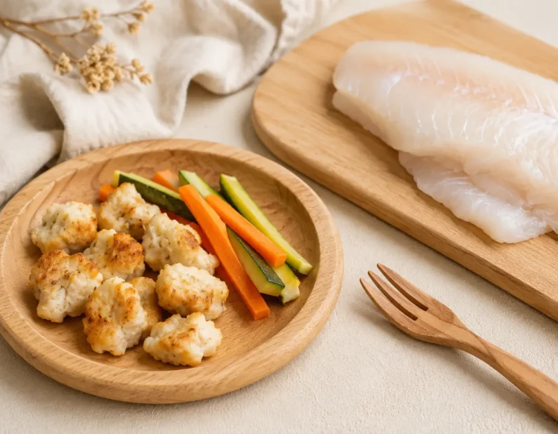 Boulettes de poisson émiettées pour bébé en DME, servies avec des bâtonnets de légumes sur une assiette en bois
