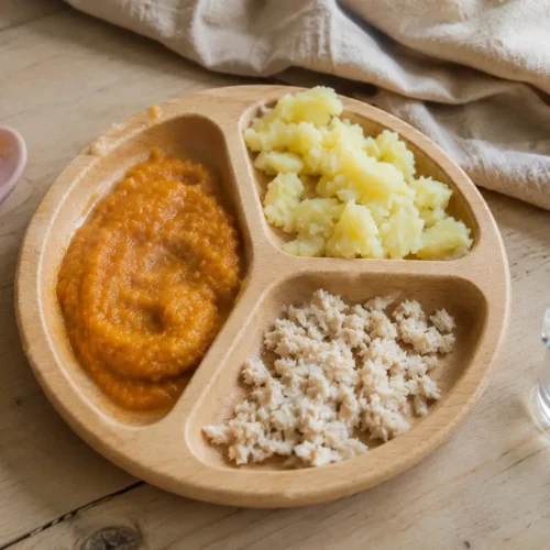 Assiette de bébé avec portion de purée et légumes, illustrant les quantités recommandées selon l'âge