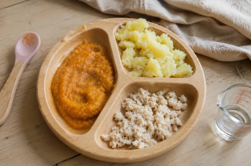 quantite-nourriture-bebe-par-age Assiette de bébé avec portion de purée et légumes, illustrant les quantités recommandées selon l'âge