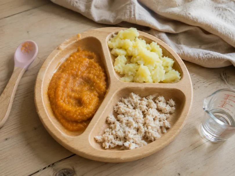 Assiette de bébé avec portion de purée et légumes, illustrant les quantités recommandées selon l'âge