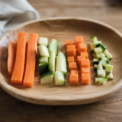 Assiette de bébé avec des morceaux de légumes de tailles variées, illustrant les repères de sécurité alimentaire