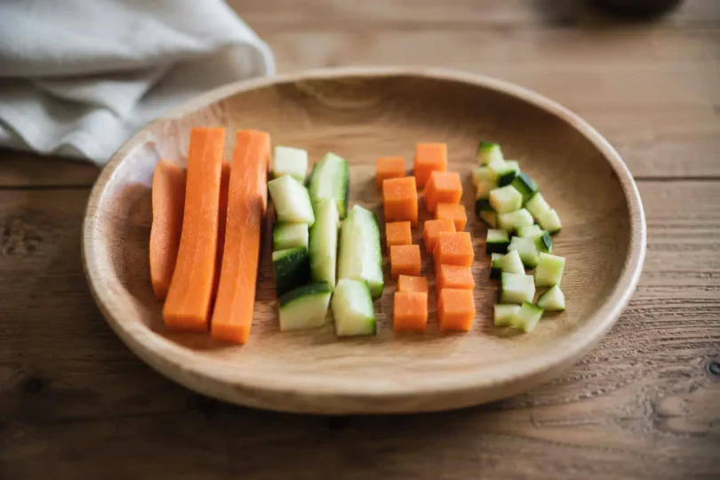 Assiette de bébé avec des morceaux de légumes de tailles variées, illustrant les repères de sécurité alimentaire